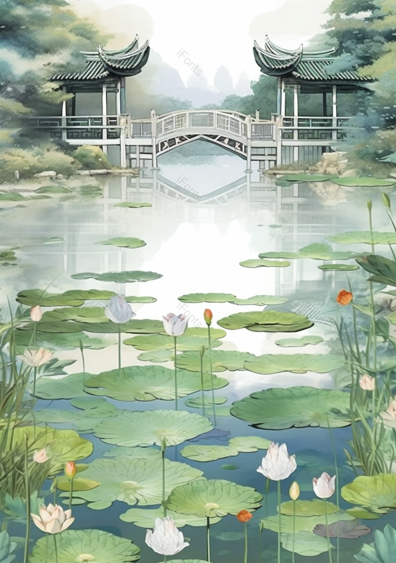 清荷莲语唯美小桥楼阁山水手绘风景画,插画/手绘图,插画/手绘图库,插画/手绘图下载,插画/手绘